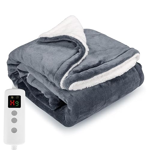 PROALLER Heated Blanket Electric Throw 160x130CM, 10 Levels &1-9H Timer Auto-Off, Machine Washable, Soft Flannel Sherpa Full Body Warming, Sofa Bed Office Use, Heating Blanket - 160x130CM - Grey