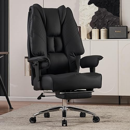 EXCEBET Big and Tall Office Chair 400lbs Wide Seat, Leather High Back Executive Office Chair with Foot Rest, Ergonomic Office Chair Lumbar Support for Lower Back Pain Relief (Black) - Black