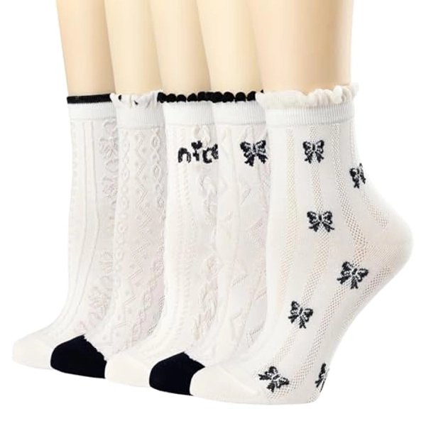 albagu Womens Crew Socks Casual Cotton Cute Socks Fun Novelty Girl Thin Dress Floral Ankle Socks 5 Pack
