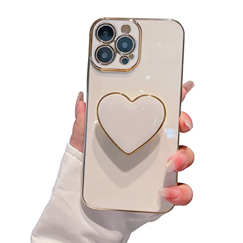 NPEXBKL for iPhone 14 Pro Max Case with Grip and Kickstand, [Lovely Heart Shaped Socket][Upgraded Reinforced Durable Strong Holder] [Luxury Gloden Edge Finished] Slim Fit Camera Protection - iPhone 14 Pro MAX - White