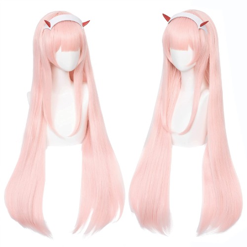 Uniquebe Zero Two Cosplay Wig Code 002 Long Straight DARLING in the FRANXX Pink Cosplay Wigs with Bangs for Women Girls + Headband Horn and One Wig Cap - Long pink