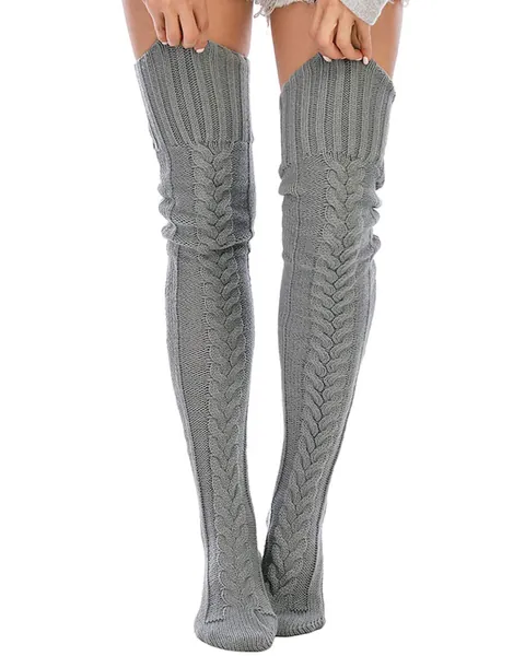 Women Wool Thigh High Socks Cable Knitted High Boot Socks Winter Over-the-Knee Stockings Fluffy Warm Leggings