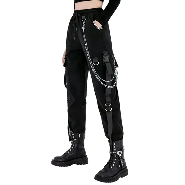 MEINVQIAOTI Black Cargo Pants for Women Techwear Women Loose Street Rock Style Casual Black Pants with Chain Goth Pants - Black X-Large