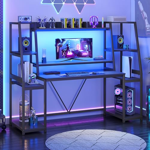 SEDETA Gaming Desk 65.7'' with LED Lights, Hutch and Storage Shelves, Computer Desk with Monitor Stand, Large PC Gamer Desk Workstation, Ergonomic Gaming Table for Bedroom, Living Room, Black - 65.7 inches - Black