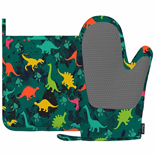 Mxocom Cute Dinosaurs Oven Mitts and Pot Holders Sets Cartoon Drawing Colorful Dinosaurs on The Abstract Grunge Background Silicone Heat Resistant Kitchen Oven Gloves Pot Holder for Cooking - Cute Dinosaurs