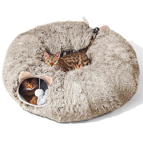 Cat Tunnel with Cat Bed for Indoor Cats, Soft Plush Peekaboo Cat Cave Donut Tunnel, Multifunctional Cat Playground Toys Hideplace for Small Medium Large Cats, Kittens, Rabbit, Ferret, Brown - Brown