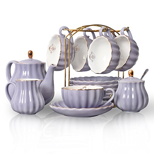Sweejar Home Porcelain Tea Set Royal Family 225 ml Cups and Saucers for Wedding Ceramic Porcelain Tea Cup Set (Purple) - Purple