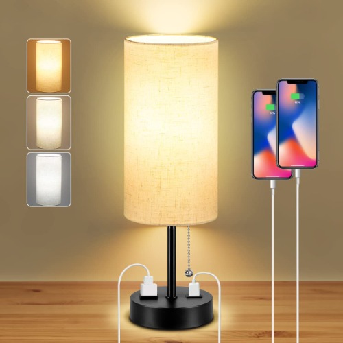 Dott Arts USB Bedside Table Lamp, 2700K 4000k 5000K Nightstand Lamp with Pull Chain, Bedside Lamp with USB Port & AC Outlet, Table Lamp for Bedroom Living Room, Bulb Included, Fabric Linen Lamp Shade - Minimalist, Modern