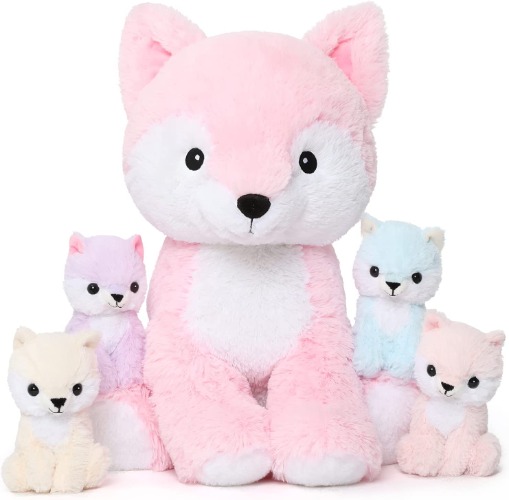 MorisMos Fox Stuffed Animals Plush Toys, Soft Stuffed Fox Mommy & Babies Set, Fox Plush Toy Large Size, 19in - Pink Fox