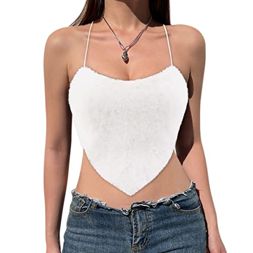 Vimoisa Women Faux Fur Tank Top Spaghetti Strap Crop Cami Top Tight Sleeveless Tube Top Vest - Large - White Fluff