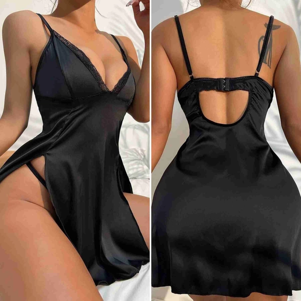 Slit Nightgown, Black Deep Side Slit Dress 