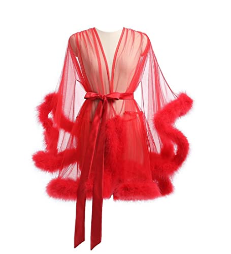 JINHANYU Robes for women,Sxy robes, Feather Robe Sexy Sheer Mesh Fur Bridal Illusion Boudoir Bathrobe Nightgown - Small-Medium Red