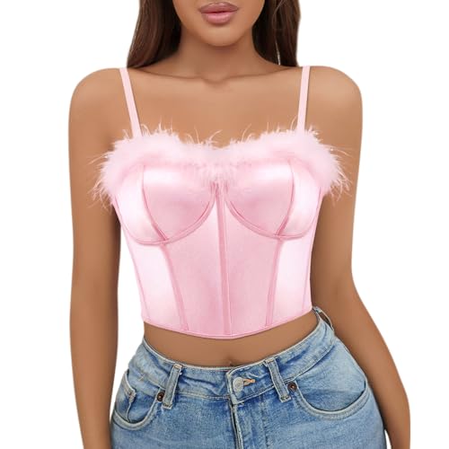 Vimoisa Women Faux Fur Tank Top Spaghetti Strap Crop Cami Top Tight Sleeveless Tube Top Vest - Large - Feather Trim Pink
