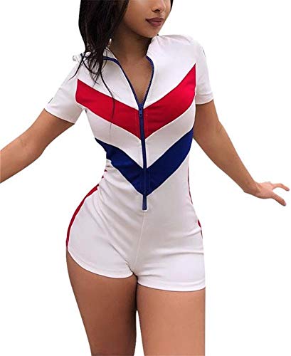 EOSIEDUR Women Summer Sexy Sportswear V Neck Short Sleeve Color Stripe Slim Fit Tracksuit Jumpsuits Rompers - White - Large