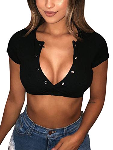 YMDUCH Women's Sexy Short Sleeve Button Knitted Ribbed Casual Basic Crop Top - Medium - Black
