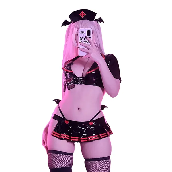 Black Kawaii Sexy Faux Latex Succubus Nurse Anime Halloween Cosplay Costume with Hat and Pleated Mini Skirt