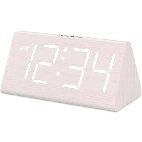 DreamSky Wooden Digital Alarm Clocks for Bedrooms - Electric Desk Clock with Large Numbers, USB Port, Loud for Heavy Sleepers, Adjustable Volume, Dimmer, Snooze, DST, 12/24H, Living Room Wood Décor - White