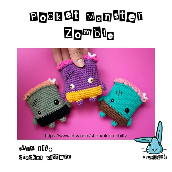 Amigurumi zombie crochet pattern. Pocket Monster Zombie. Halloween pattern. Languages: English, Danish, French, German, Norwegian, Spanish