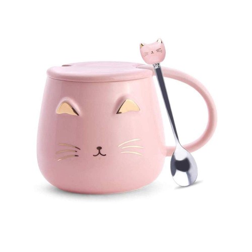 Pink Ceramic Coffee Mug Cute Cat Cup Handmade Tea Cups with Stainless Steel Spoon Kitty Cup,Hot Chocolate Novelty Mugs Christmas Birthday Gift for Girls Women - 