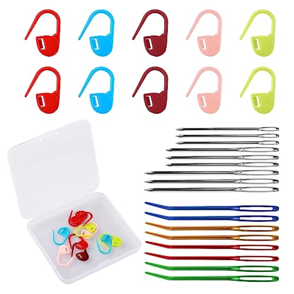 27pcs Sewing Knitting Needles Set, Including 8pcs Bent Tapestry Needle 10pcs Colorful Knitting Markers 9pcs Metal Blunt Yarn Needles in 3 Sizes for Hand Stitch DIY Crafts (with Plastic Case)