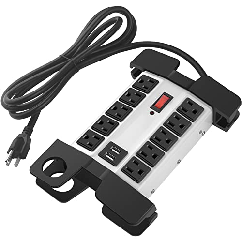 CCCEI Heavy Duty Power Strip with USB Ports, Garage 10 Outlets Surge Protector 2700 Joules, Industrial Workshop Metal 15Amp Multiple Outlets, 6 FT Extension Cord and Wide Spaced Grey. - 6FT - Grey
