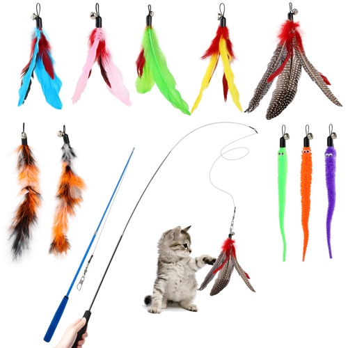 Hianjoo Feather Teaser Cat Toy Set 12 pcs, Interactive Toys for Cats 2 Retractable Cat Wand Funny Sticks and 10 Replacement Feather Teaser with Bell for Kitten Cat Catcher Having Fun Exercise Playing
