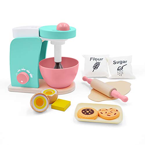 Wooden-Kitchen-Accessories-Toy-Mixer Bake Cookie Set(14 pcs)- Interactive Early Learning Toy, Exclusive Egg, Rolling Pin and Cookie Set - Fun and Colorful for Girls and Boys - mixer