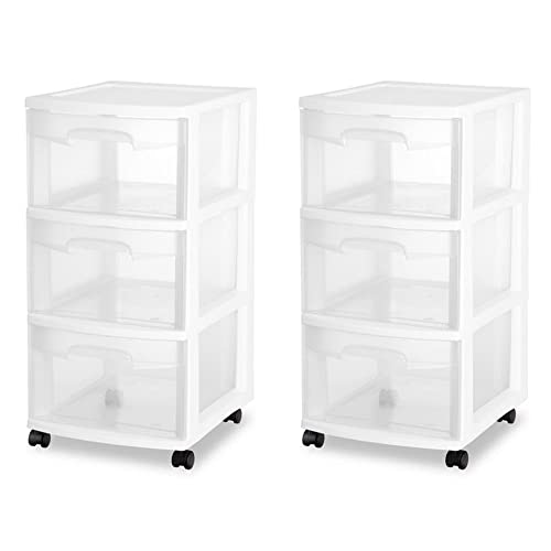 Sterilite 3 Drawer Storage Cart, Plastic Rolling Cart with Wheels to Organize Clothes in Bedroom, Closet, White with Clear Drawers, 2-Pack - White - 2 Pack