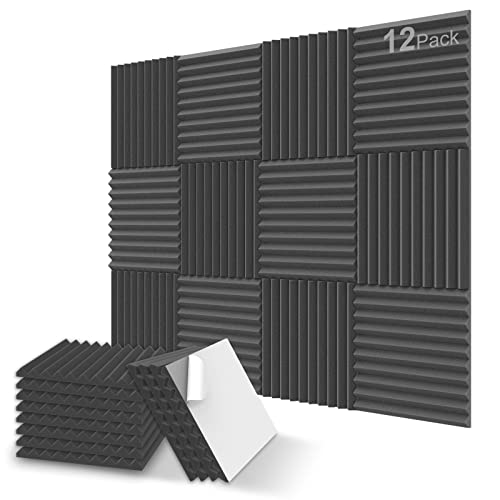 JBER 12 Pack Sound Proof Foam Panels, 1" X 12" X 12" Self-Adhesive Acoustic Foam Panels, Acoustic Panels Wedges High Density, Soundproof Wall Panels for Treatment Home Studio - Black - Self-Adhesive - 1 Inch 12 Pack Black
