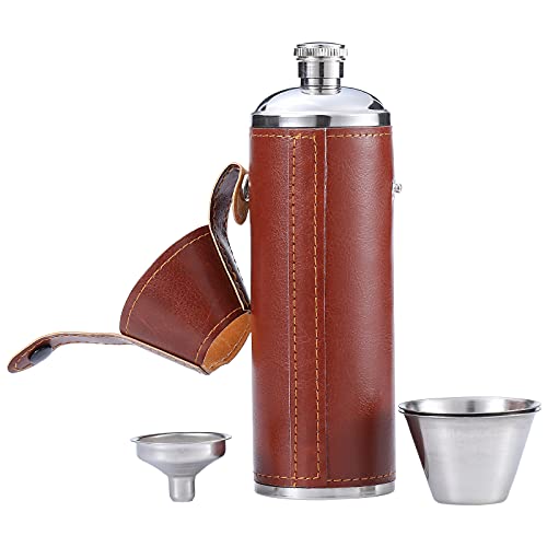 GENNISSY 10 OZ Brown Bucket Hip Flask - PU Leather Stainless Steel Men Flasks for Liquor with Funnel and Cups - 10 OZ Brown Bucket Hip Flask