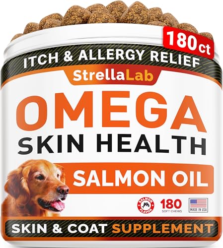 StrellaLab Omega 3 for Dogs - (180Ct) Fish Oil Treats - Allergy & Itch Relief Skin&Coat Supplement - Dry Itchy Skin, Shedding, Hot Spots Treatment, Anti Itch - Pet Salmon Oil Chews - Salmon Flavor - Salmon - 180Ct Skin Health Treats