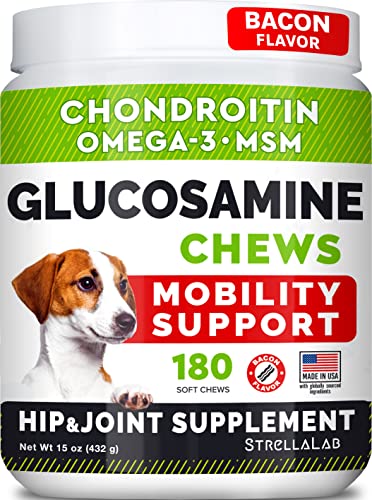 STRELLALAB Glucosamine Treats for Dogs - Joint Supplement w/Omega-3 Fish Oil - Chondroitin, MSM - Advanced Mobility Chews - Joint Pain Relief - Hip & Joint Care - Bacon Flavor - 180 Ct - Made in USA - Bacon - 180 Treats (Pack of 1)