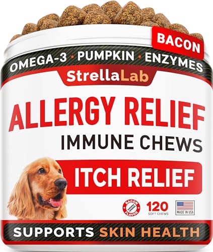 StrellaLab Dog Allergy Relief + Dog Itchy Skin Treatment with Omega 3 & Pumpkin, Dogs Itching and Licking Treats, Dog Itch Relief Chew, Allergy Supplement, Hotspot Relief for Dogs, Anti Itch Support - Bacon - 120 Count (Pack of 1)