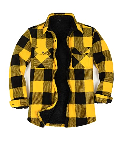 ZENTHACE Men's Warm Sherpa Lined Fleece Plaid Flannel Shirt Jacket(All Sherpa Fleece Lined) - Large - Buffalo Plaid Yellow Black