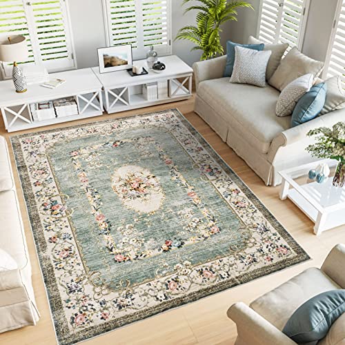 TALETA Teppich Wohnzimmer, Teppich waschbar rutschfest, Bunte Teppiche mit Blumenmuster für Wohnzimmer, Schlafzimmer, Vintage orientalischer Teppich Groß: 160 x 230 cm, blau - 02 Grün - 160 x 230 cm