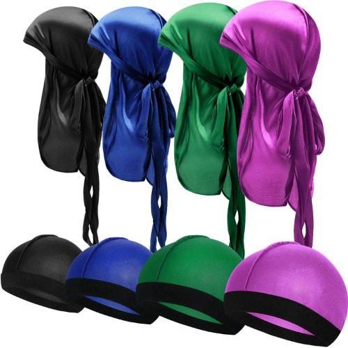 8 Pieces Silky Durag Caps Elastic Wave Cap Long Tail Headwraps Wide Straps Waves - Purple, Green, Black, Royal Blue