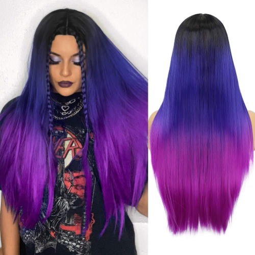 WIGER Rainbow Wigs for Women Black to Blue to Purple Long Straight Colored Ombre Hair Wigs Synthetic Heat Resistant Fiber Cosplay Wig for Girls