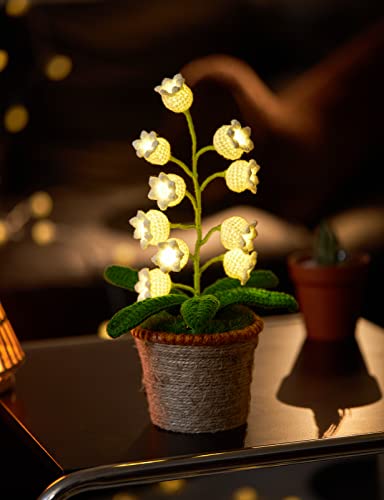 Lily of Valley Lamp, 10pcs Crochet Artificial Flowers with Night Lights Fake Lily of Valley Included Pots - for Gift, Birthday, Ideas for Valentine's Day, Desk Home Decorations (L, Warm Lamp) - youth large / 11-13 - Warm Lamp