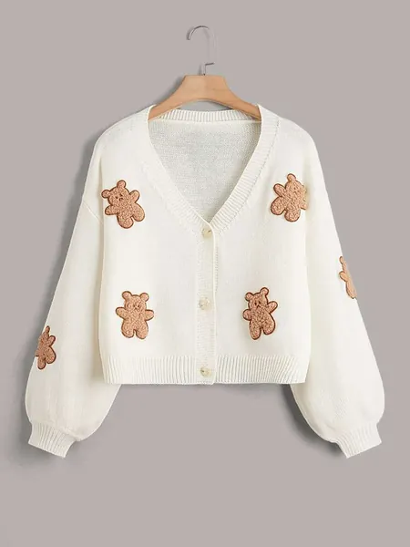 SHEIN EZwear Drop Shoulder Bear Embroidery Cardigan