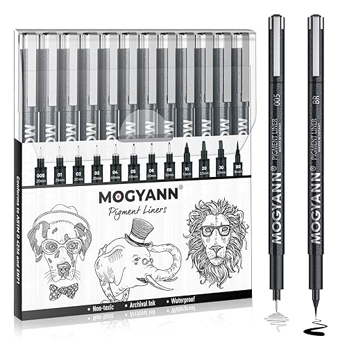 Mogyann Drawing Pens Black Art Pens for Drawing 12 Size Waterproof Ink Pens for Artists Sketching, Manga, Writing