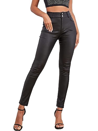 Verdusa Women's High Waist Zipper Fly PU Leather Skinny Leggings Pants - X-Small - Black