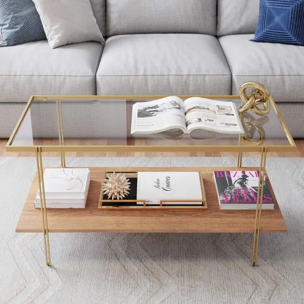 Nathan James Asher Mid-Century Rectangle Coffee Table Glass Top and Rustic Oak Storage Shelf with Sleek Brass Metal Legs, Gold - Gold Storage Shelf
