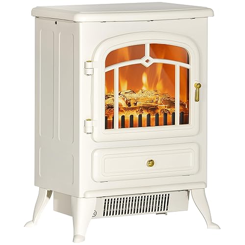 HOMCOM 22" Electric Fireplace Heater, Freestanding Fire Place Stove with Realistic LED Flames and Logs, and Overheating Protection, 750W/1500W, Beige - 16.25" W x 11" D x 21.5" H - Beige