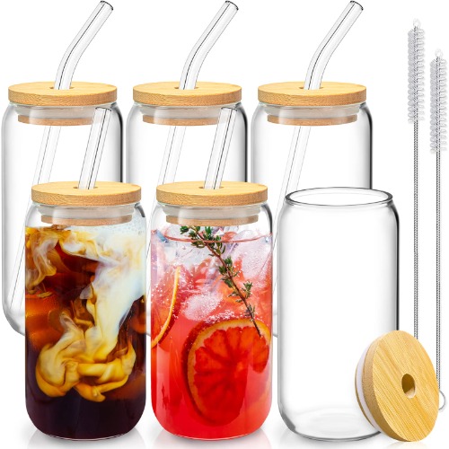 6 Pcs Drinking Glasses with Bamboo Lids and Glass Straw - 16 Oz Can Shaped Glass Cups Beer Glasses Ice Coffee Glasses Cute Tumbler Cup Great for Soda Boba Tea Cocktail Include 2 Cleaning Brushes - [6 Set - Glasses & Straws & Lids]