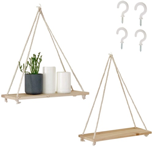 Hanging Shelves for Wall [Set of 2 w/ Hooks] Wooden Shelf Macrame Rope, Natural Light Reclaimed Wood, Boho Decor Triangle Floating Farmhouse Rustic Modern Plant Aesthetic, Dorm Living Room Bedroom - 
