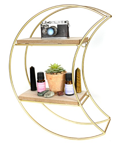 Crescent Moon Shelf for Crystals,Gold Shelf,Crystal Shelf for Wall Decor, Gold Floating Shelves, Moon Shelf Crystal Wall Decor, Moon Decor,Stones Essential Oil, Wooden Shaped Crystal Display Shelf. - 