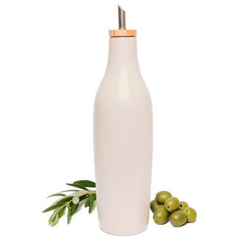 Grace Homewares Olive Oil Dispenser Bottle Stoneware Ceramic for EVOO or Vinegar | Modern Design | Large Capacity 16.9 ounce | Oil Container | Warm Grey