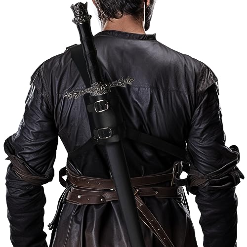 Medieval Leather Back Sword Shoulder Frog - Adjustable Sheath Holster Renaissance Warrior Costume Accessory - Black