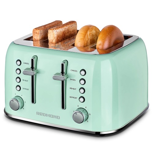 REDMOND Toaster 4 Slice, Retro Stainless Steel Toaster with Extra Wide Slots Bagel, Defrost, Reheat Function, Dual Independent Control Panel, Removable Crumb Tray, 6 Shade Settings and High Lift Lever, Aqua Green - Aqua Green