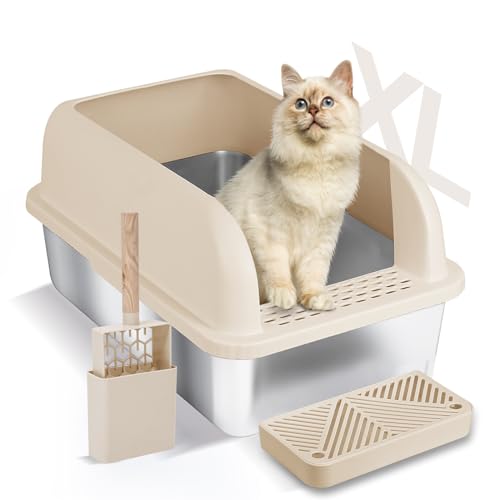 Chenove Extra Large Stainless Steel Cat Litter Box with High Wall Enclosed XL Cat Litter Box for Big & Multiple Cats Steel Litter Box with Lid, Easy Clean, Anti-Leakage, Non-Sticky
